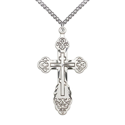 Sterling Silver Vladimir Cross Necklace with Sterling Silver Heavy Curb Chain, 1 7/8-inch tall by 1-inch wide, Bliss Manufacturing