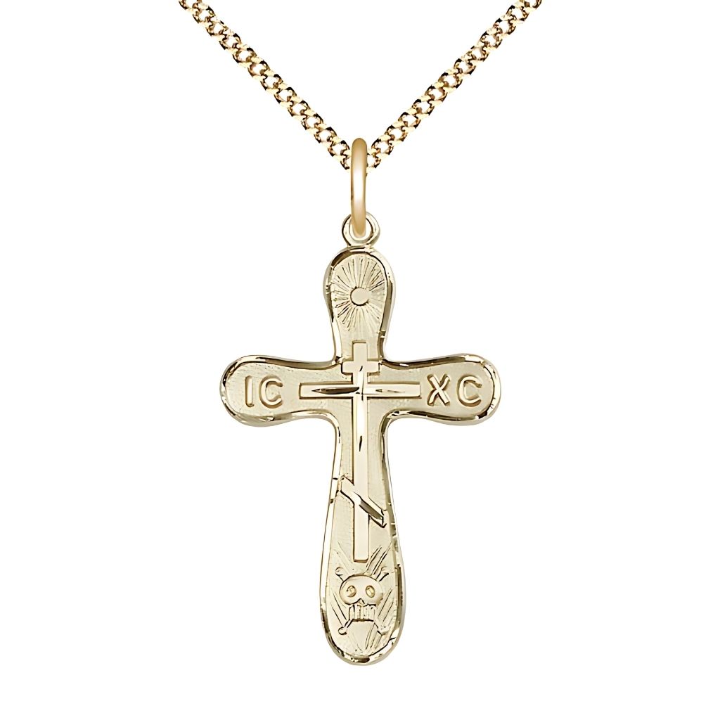 Bliss Golgotha 14kt Gold-filled Cross Necklace with Gold-plated Light Curb Chain,1 1/4-inch tall by 3/4-inch wide,