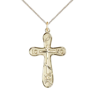 Golgotha 14kt Gold-filled Cross Necklace with Gold-filled Light Curb Chain, 1 1/4-inch tall by 3/4-inch wide, Bliss Manufacturing
