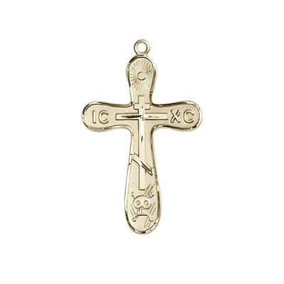 Golgotha 14kt Gold Cross Necklace with 14kt Gold Light Curb Chain, 1 1/4-inch tall by 3/4-inch wide, Bliss Manufacturing
