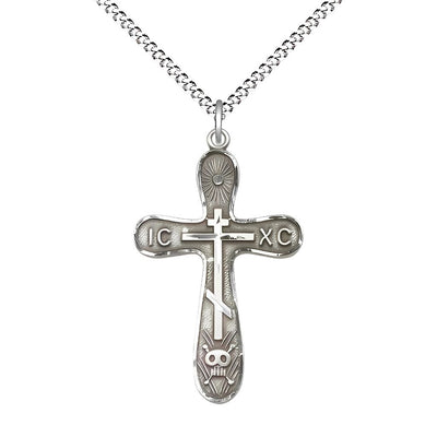 Golgotha Sterling Silver Cross Necklace with Rhodium-plated Light Curb Chain, 1 1/4-inch tall by 3/4-inch wide, Bliss Manufacturing