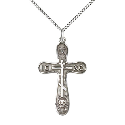 Golgotha Sterling Silver Cross Necklace with Sterling Silver Light Curb Chain, 1 1/4-inch tall by 3/4-inch wide, Bliss Manufacturing