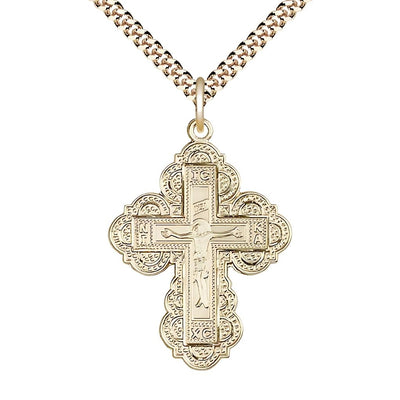 Irene Cross 14kt Gold-filled Medal Necklace with Gold-plated Heavy Curb Chain, 1 1/4-inch tall by 7/8-inch wide, Bliss Manufacturing