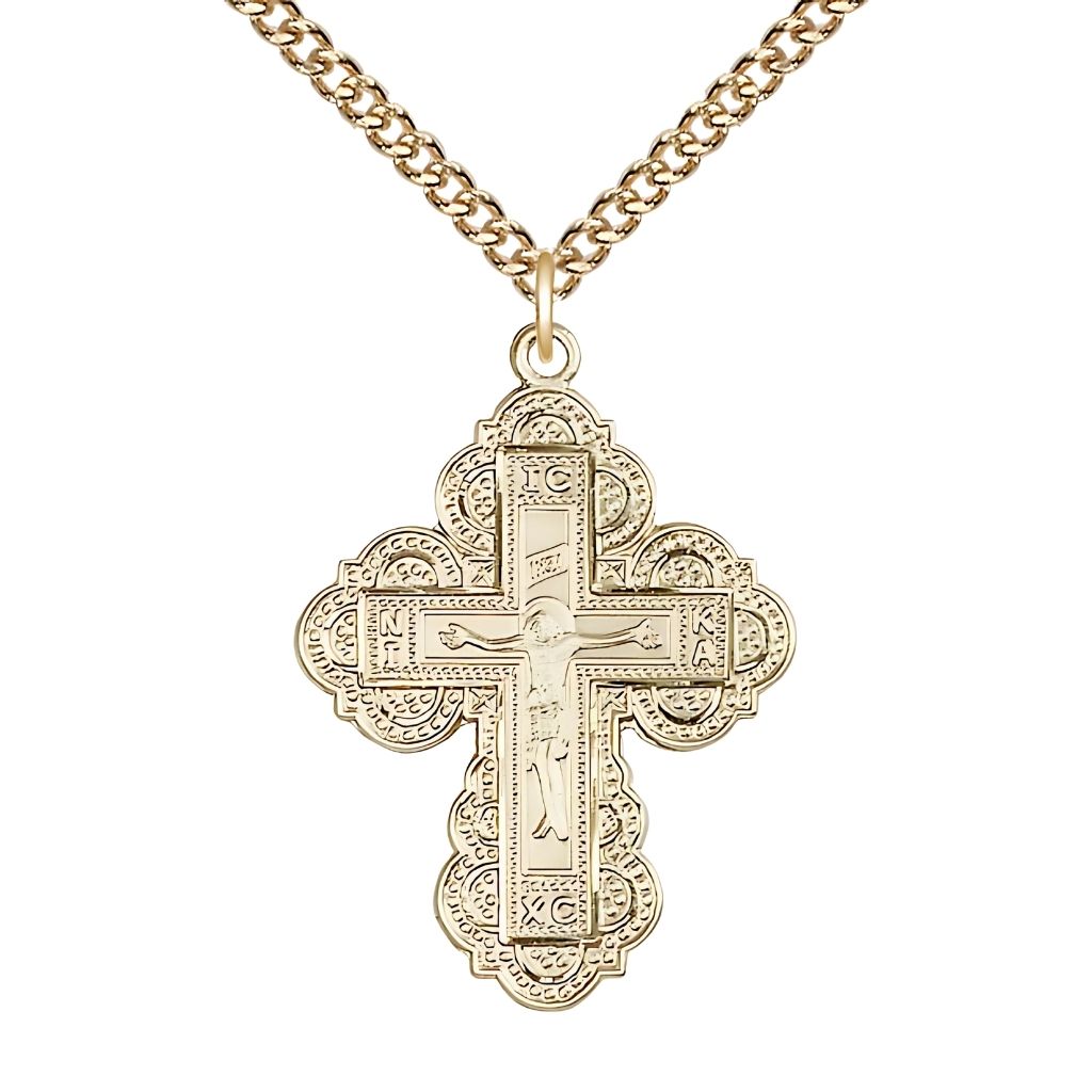 Bliss Irene Cross 14kt Gold-filled Medal Necklace with Gold-filled Heavy Curb Chain, 1 1/4-inch tall by 7/8-inch wide,