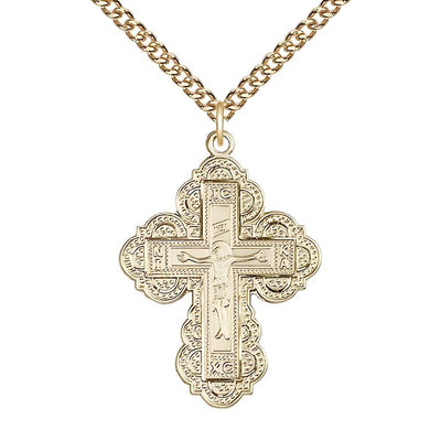 Irene Cross 14kt Gold-filled Medal Necklace with Gold-filled Heavy Curb Chain, 1 1/4-inch tall by 7/8-inch wide, Bliss Manufacturing