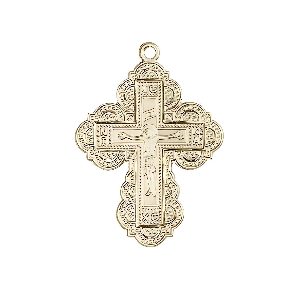 Bliss Irene Cross 14kt Gold Medal, 1 1/4-inch tall by 7/8-inch wide,