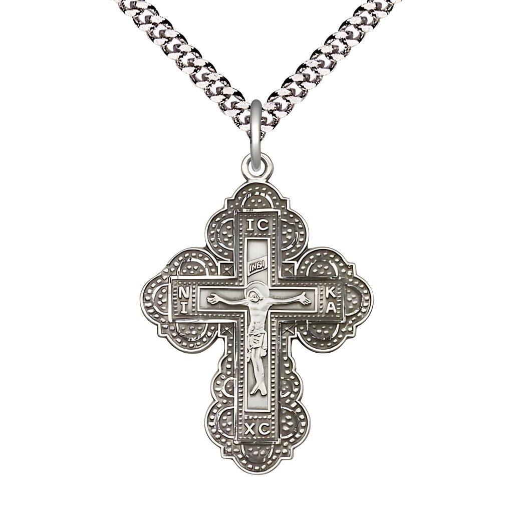 Bliss Irene Cross Sterling Silver Medal Necklace with Rhodium-plated Heavy Curb Chain, 1 1/4-inch tall by 7/8-inch wide,