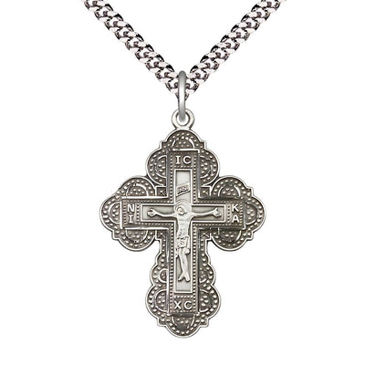 Irene Cross Sterling Silver Medal Necklace with Rhodium-plated Heavy Curb Chain, 1 1/4-inch tall by 7/8-inch wide, Bliss Manufacturing