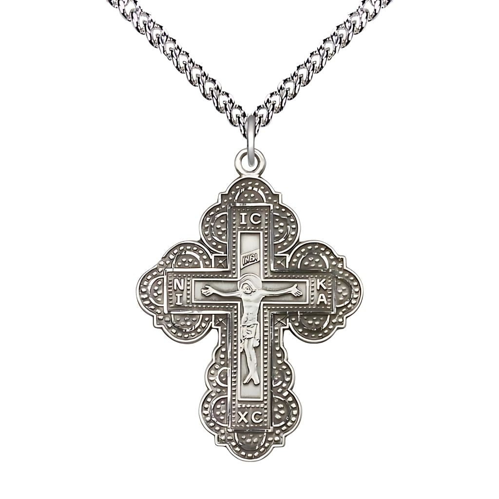 Bliss Irene Cross Sterling Silver Medal Necklace with Sterling Silver Heavy Curb Chain, 1 1/4-inch tall by 7/8-inch wide,