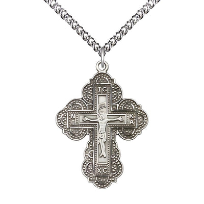 Irene Cross Sterling Silver Medal Necklace with Sterling Silver Heavy Curb Chain, 1 1/4-inch tall by 7/8-inch wide, Bliss Manufacturing