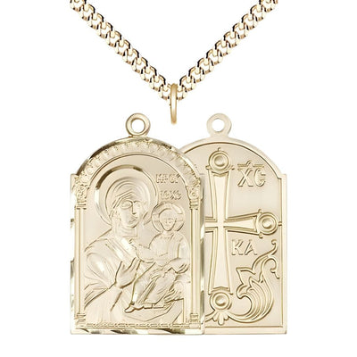 Mary Mother of God Solid 14kt Gold-filled Medal Pendant with gold-plated chain, Medal Measures 1 3/8-inch tall by 1 1/4-inch wide, Bliss Manufacturing