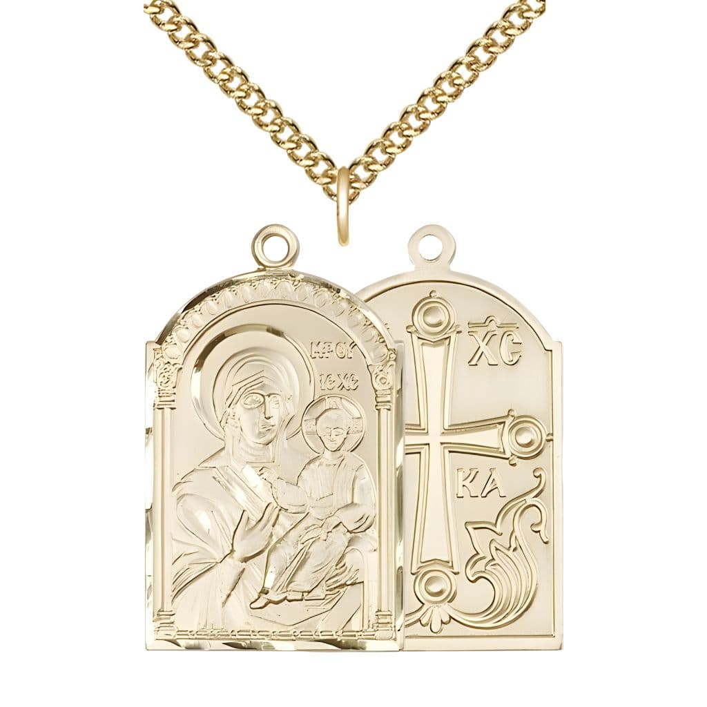 Bliss Mary Mother of God Solid 14kt Gold Medal Pendant with 14kt Gold Chain, Medal Measures 1 3/8-inch tall by 1 1/4-inch wide