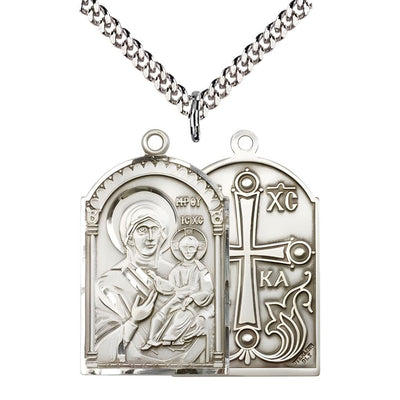 Mary Mother of God Sterling Silver Medal Pendant with rhodium-plated chain, Medal Measures 1 3/8-inch tall by 1 1/4-inch wide, Bliss Manufacturing