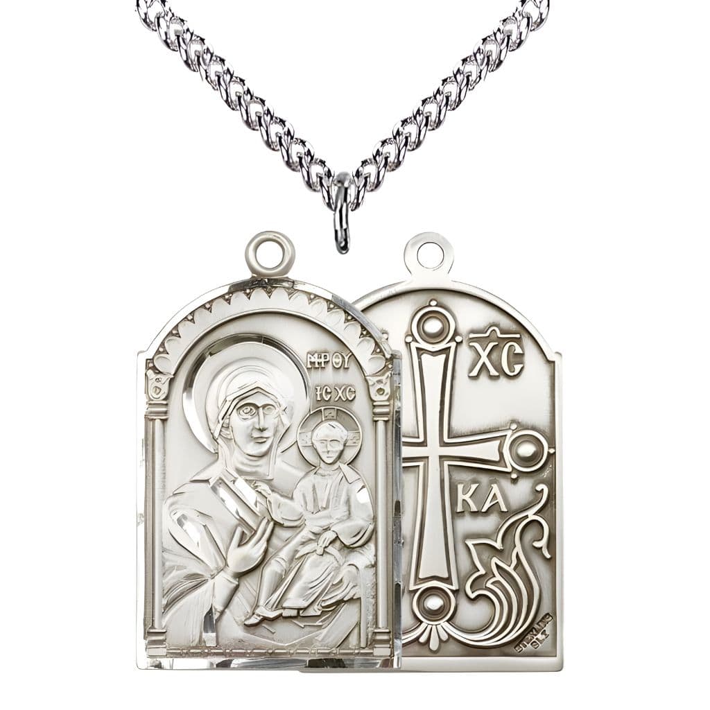 Bliss Mary Mother of God Sterling Silver Medal Pendant with sterling silver chain, Medal Measures 1 3/8-inch tall by 1 1/4-inch wide.