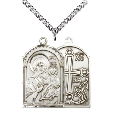 Mary Mother of God Sterling Silver Medal Pendant with sterling silver chain, Medal Measures 1 3/8-inch tall by 1 1/4-inch wide, Bliss Manufacturing