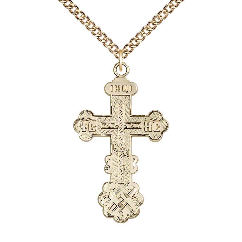 Bliss Kiev Cross 14kt Gold-filled Medal Necklace with Gold-filled Heavy Curb Chain, 1 1/2-inch tall by 7/8-inch wide