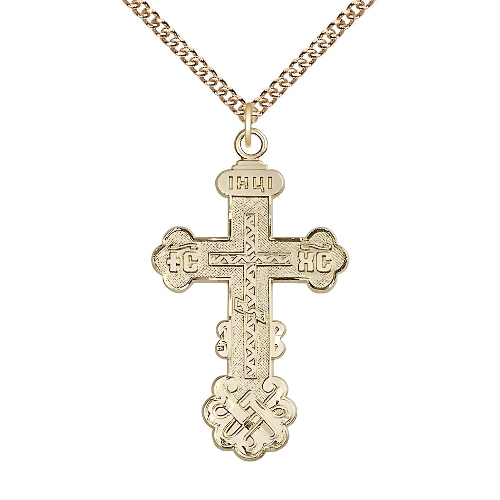 Bliss Kiev Cross 14kt Gold-filled Medal Necklace with 14kt Gold Heavy Curb Chain, 1 1/2-inch tall by 7/8-inch wide