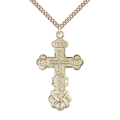 Kiev Cross 14kt Gold-filled Medal Necklace with 14kt Gold Heavy Curb Chain, 1 1/2-inch tall by 7/8-inch wide, Bliss Manufacturing