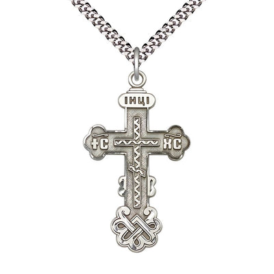 Kiev Cross Sterling Silver Medal Necklace with Rhodium-plated Heavy Curb Chain, 1 1/2-inch tall by 7/8-inch wide, Bliss Manufacturing