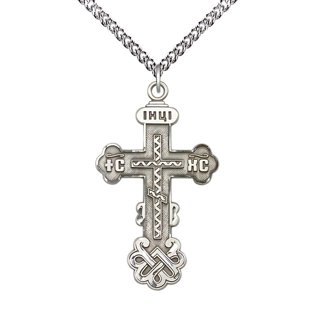 Bliss Kiev Cross Sterling Silver Medal Necklace with Sterling Silver Heavy Curb Chain, 1 1/2-inch tall by 7/8-inch wide
