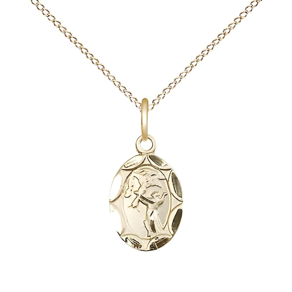 Bliss Small St. Francis of Assisi Oval Scalloped Edge 14kt Gold-filled Medal with Gold-filled Chain, Measures 1/2-inch tall by 1/4 - inch wide,