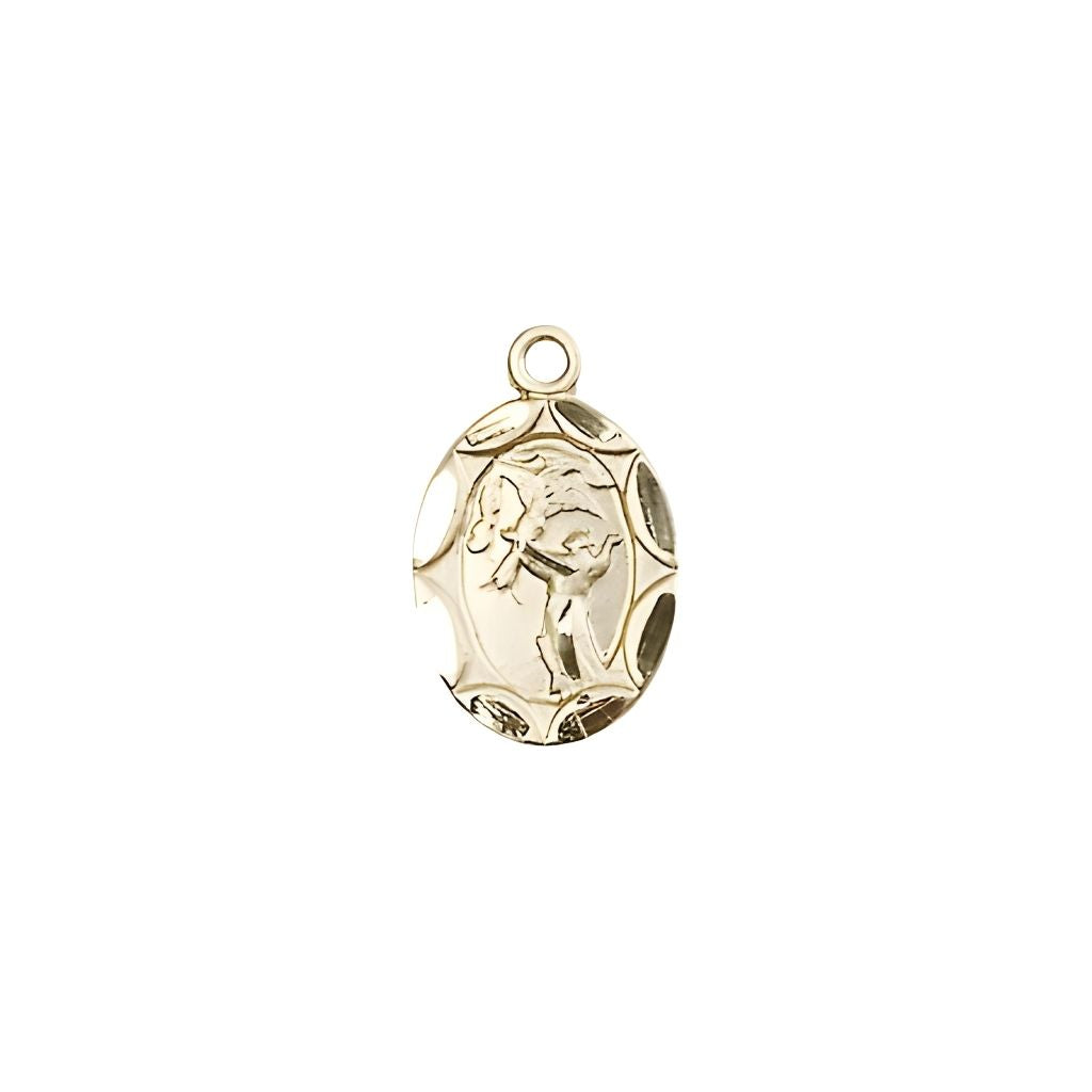 Bliss Small St. Francis of Assisi Oval Scalloped Edge 14kt Gold Medal, Measures 1/2-inch tall by 1/4 - inch wide,