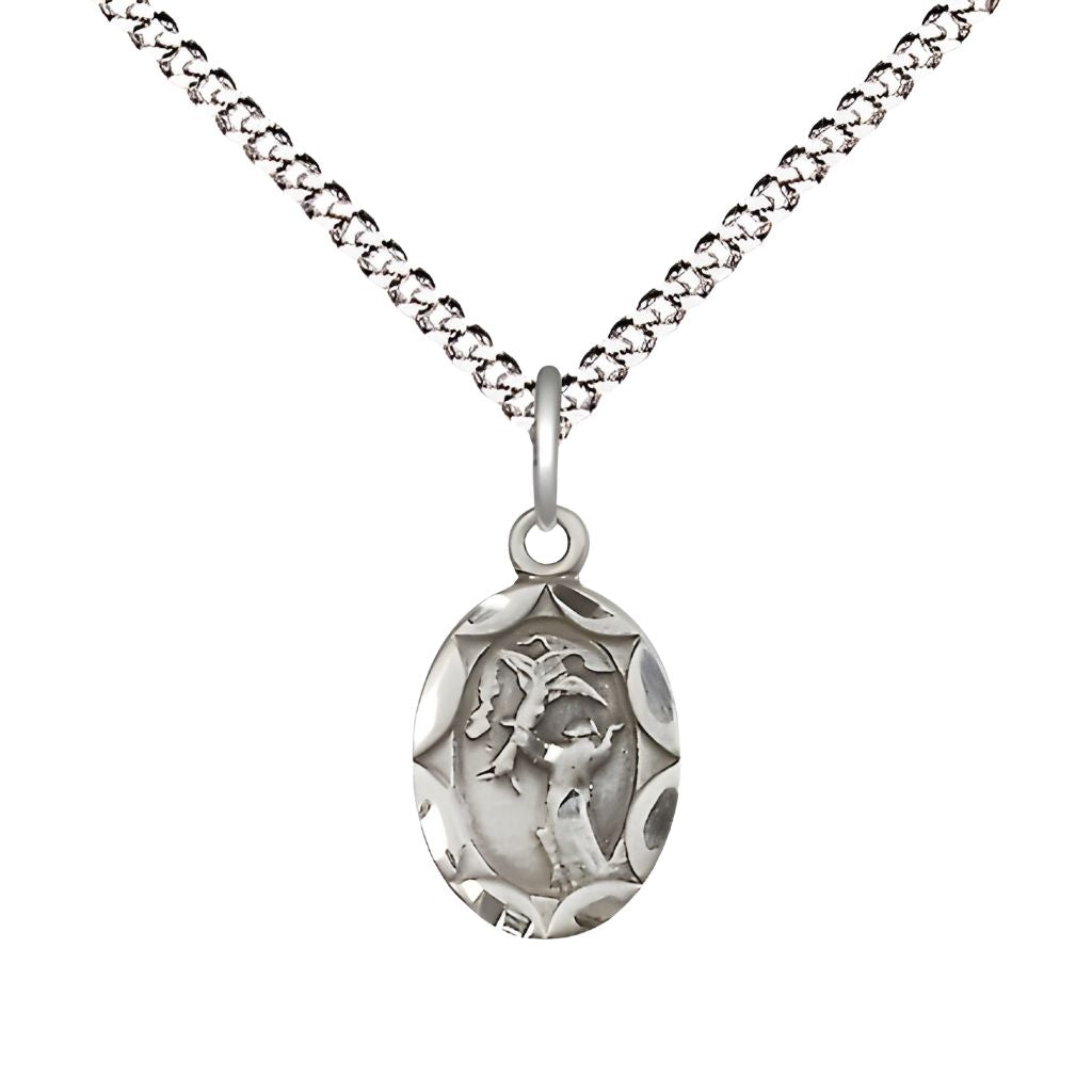 Bliss Small St. Francis of Assisi Oval Scalloped Edge Sterling Silver Medal with Plated Chain, Measures 1/2-inch tall by 1/4 - inch wide,