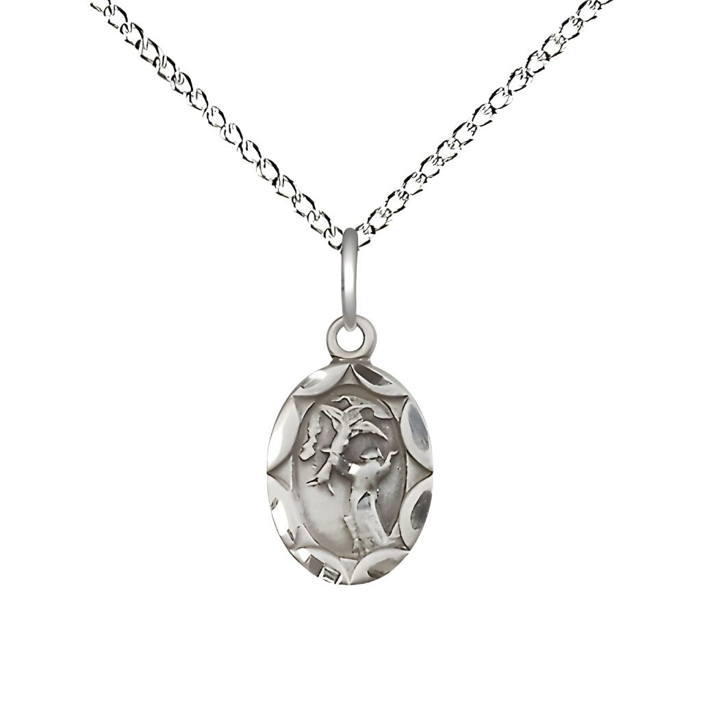 Bliss Small St. Francis of Assisi Oval Scalloped Edge Sterling Silver Medal with Sterling Silver Chain, Measures 1/2-inch tall by 1/4 - inch wide,