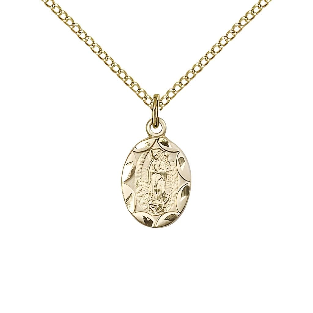 Bliss Our Lady of Guadalupe 14kt Gold-filled Small Children Oval Scalloped Edge Medal with Gold-filled Chain, Measures 1/2-inch tall by 1/4-inch wide.