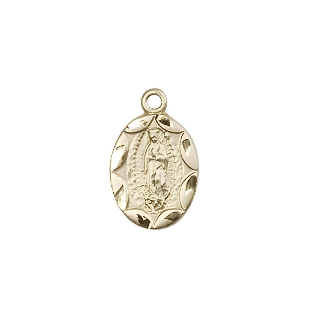 Bliss Our Lady of Guadalupe 14kt Gold Small Children Oval Scalloped Edge Medal, Measures 1/2-inch tall by 1/4-inch wide.