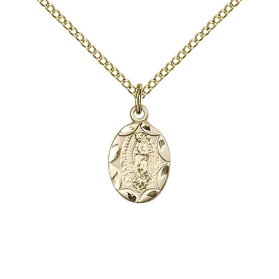 Our Lady of Guadalupe 14kt Gold Small Children Oval Scalloped Edge Medal with 14kt Gold Chain, Measures 1/2-inch tall by 1/4-inch wide, Bliss Manufacturing