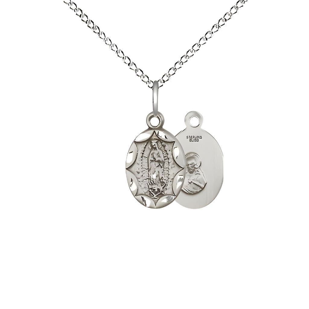 Bliss Our Lady of Guadalupe Small Children Oval Scalloped Edge Sterling Silver Medal with Sterling Chain, Measures 1/2-inch tall by 1/4-inch wide.