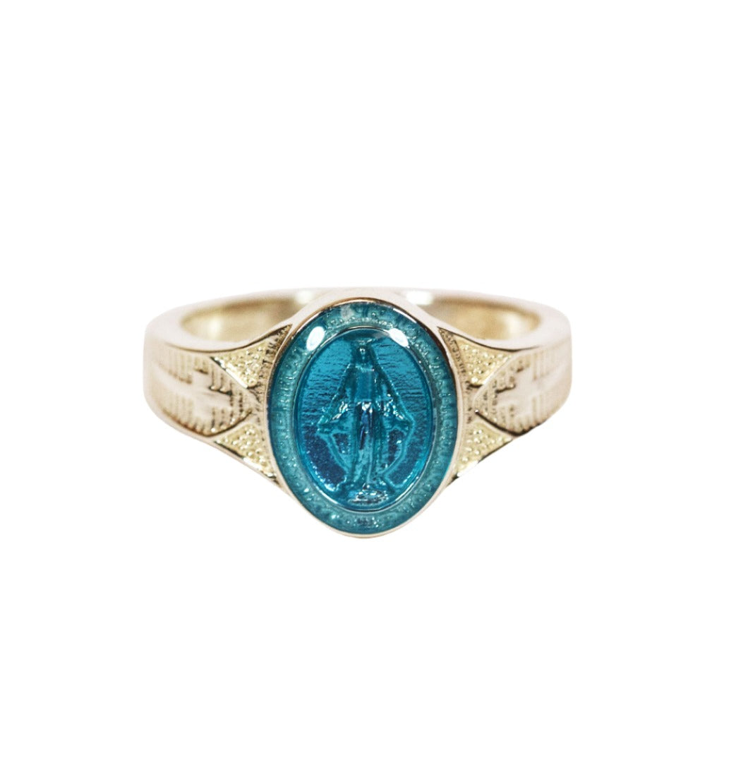 Bliss Blue Epoxy 14kt Gold Women's Miraculous Medal Ring,