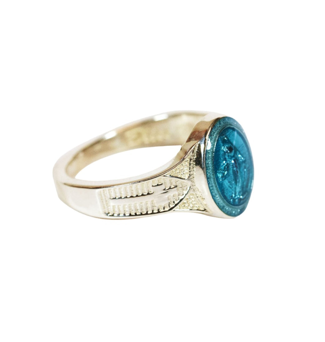 Blue Epoxy 14kt Gold Women's Miraculous Medal Ring,