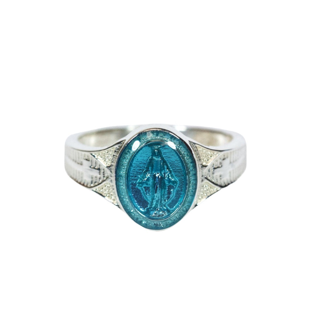 Bliss Manufacturing Blue Epoxy Sterling Silver Women's Miraculous Medal Ring,