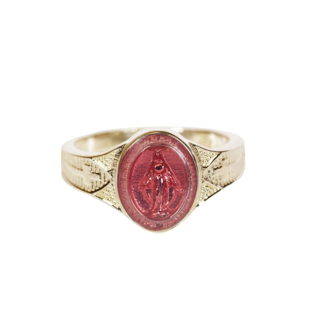 Bliss Pink Epoxy 14kt Gold Women's Miraculous Medal Ring,