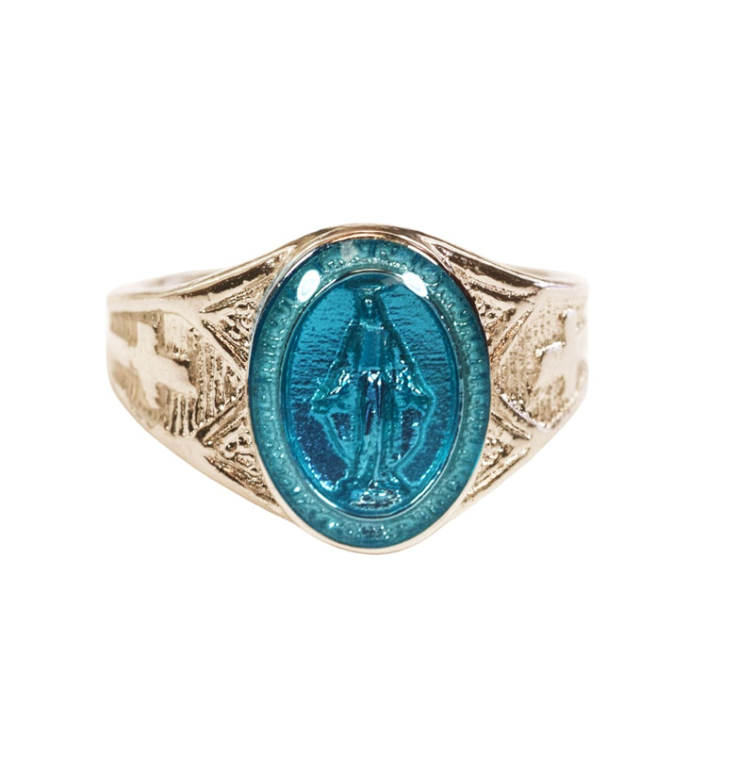 Bliss Manufacturing 14kt Gold Miraculous Ring w/Blue Epoxy Medal Ring Front View,