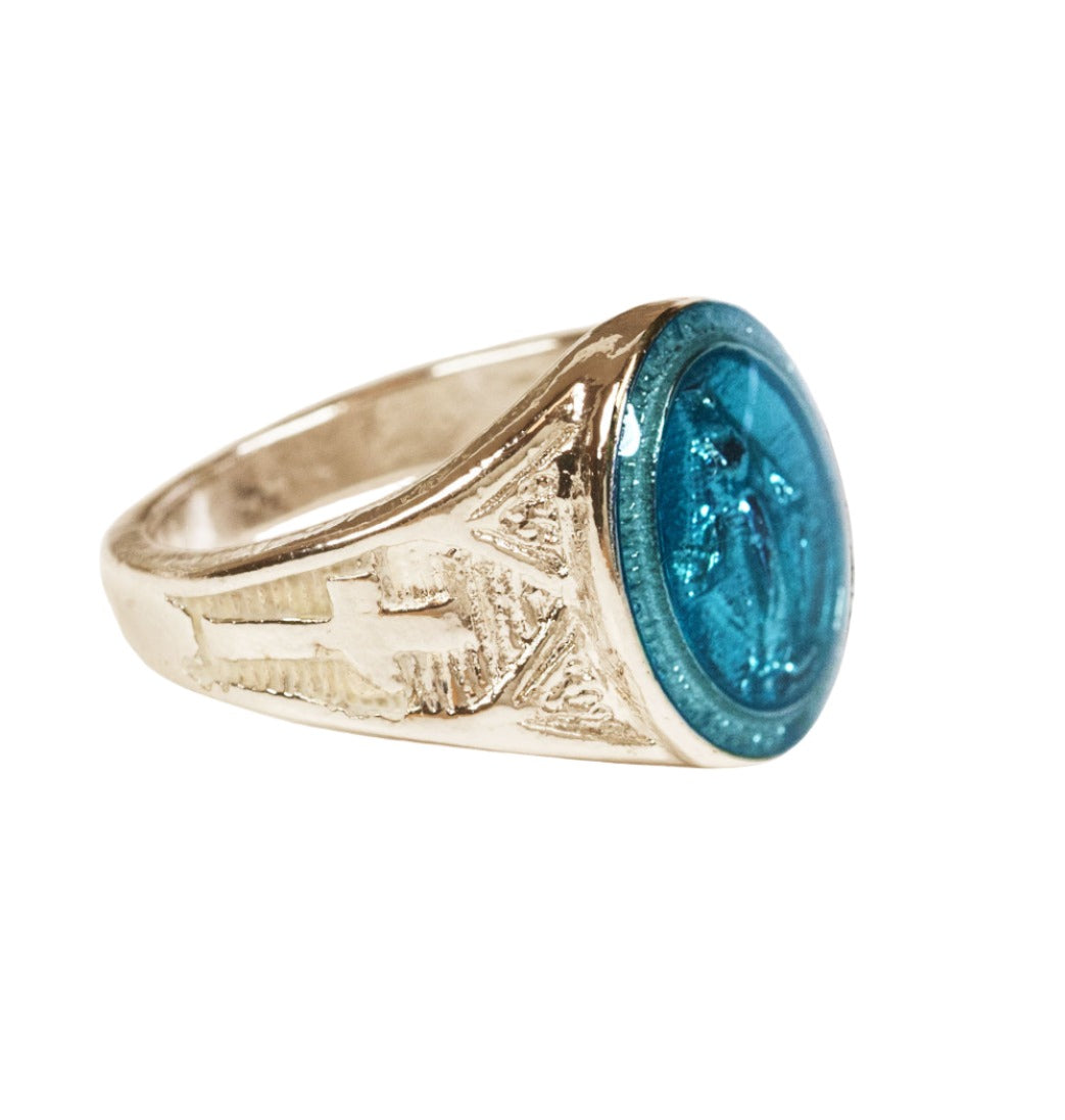 Bliss Manufacturing 14kt Gold Miraculous Ring w/Blue Epoxy Medal Ring,