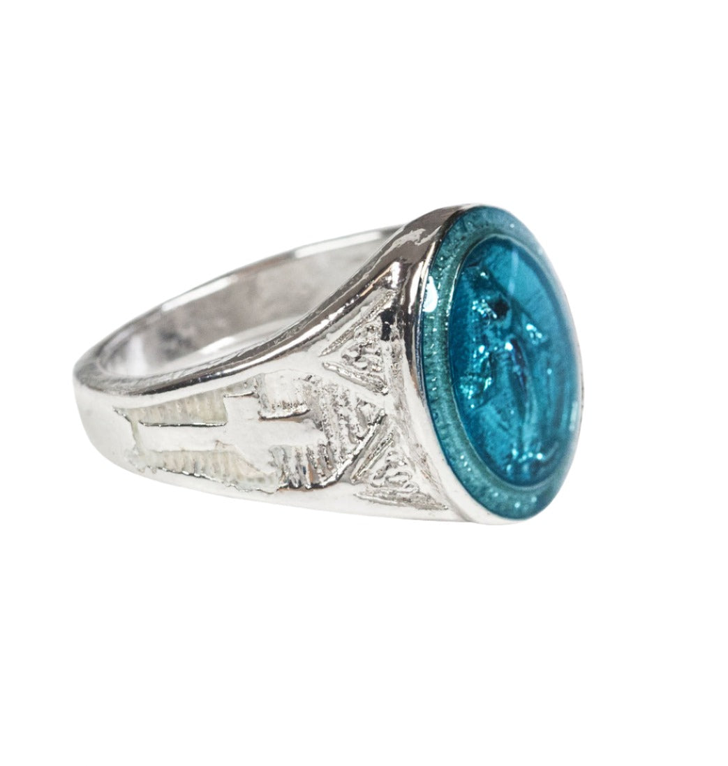 Sterling Silver Men's Miraculous Ring w/ Blue Epoxy,