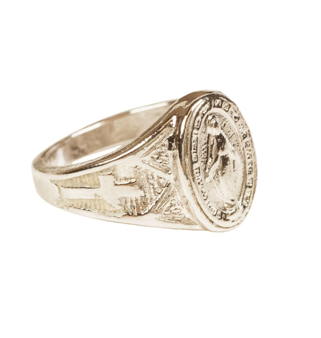 Bliss Manufacturing 14kt Gold Men's Miraculous Medal Ring Side View,