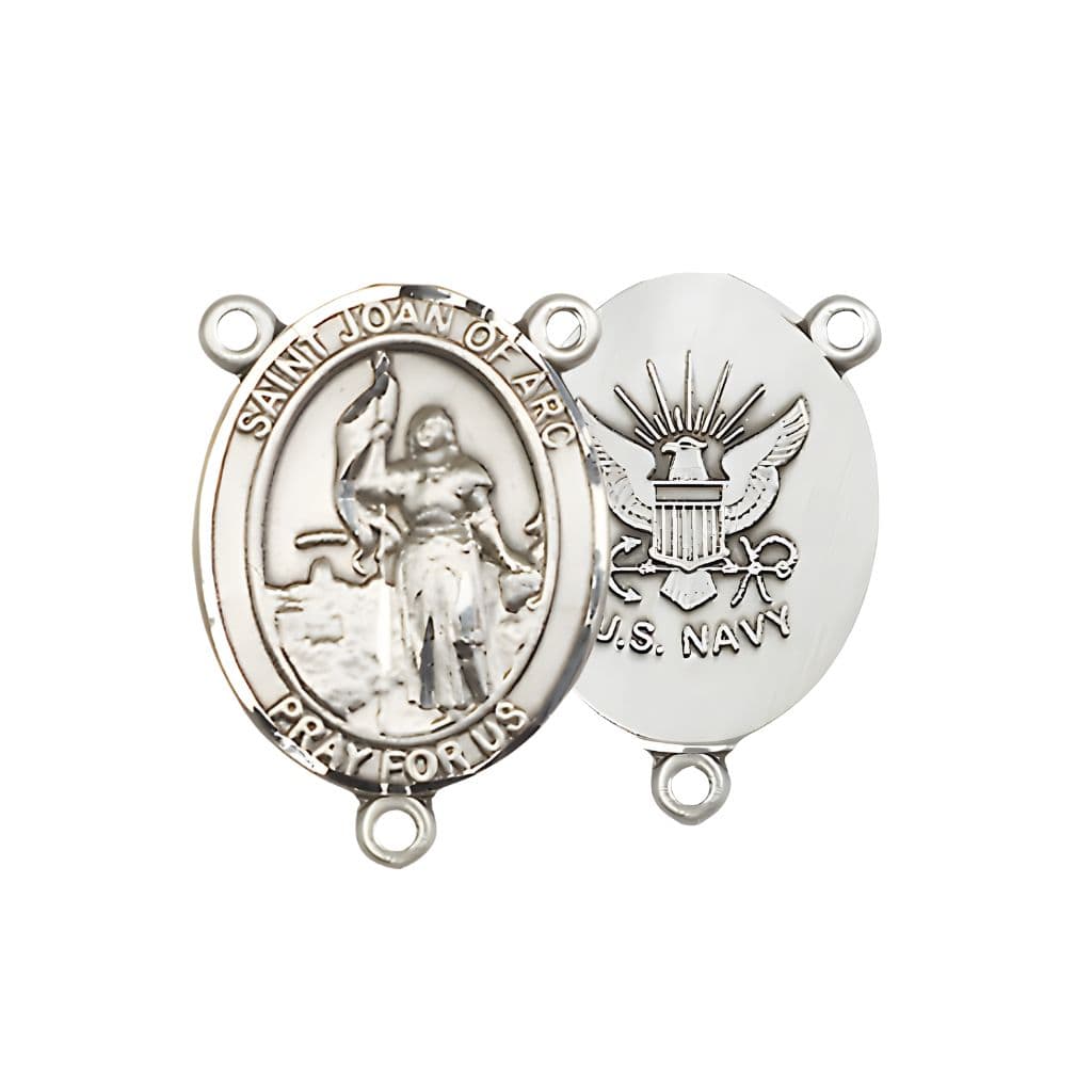 Bliss Navy St. Joan of Arc Rosary Sterling Silver Centerpiece, Measures 3/4-inch by 1/2-inch.