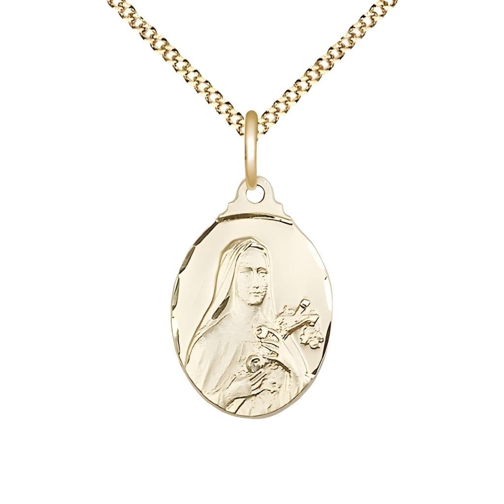 Bliss St. Theresa 14kt Gold-filled with Crucifix and Roses Necklace with Gold-Plated Chain, Medal measures 3/4-inch tall by 1/2-inch wide,