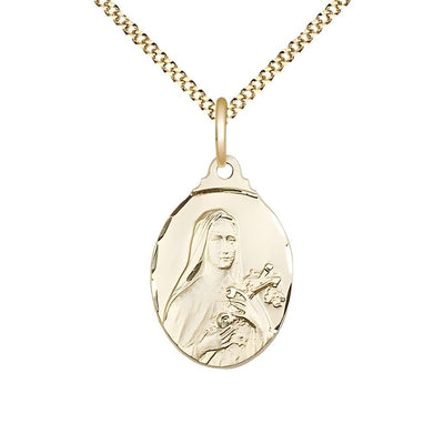 St. Theresa 14kt Gold-filled with Crucifix and Roses Necklace with Gold-Plated Chain, Medal measures 3/4-inch tall by 1/2-inch wide, Bliss Manufacturing