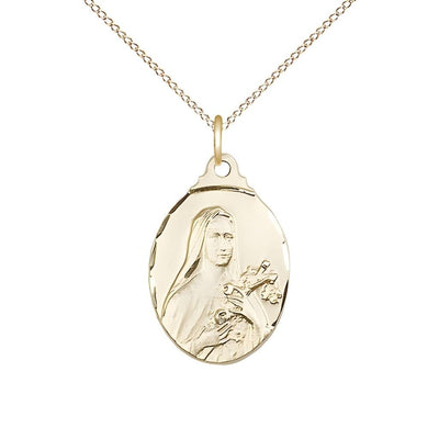 St. Theresa 14kt Gold-filled with Crucifix and Roses Necklace with Gold-filled Chain, Medal measures 3/4-inch tall by 1/2-inch wide, Bliss Manufacturing