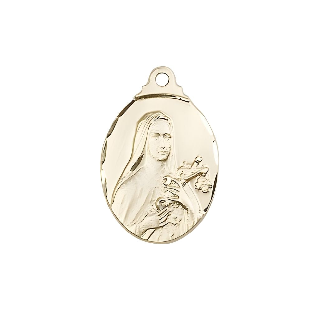 Bliss St. Theresa 14kt Gold with Crucifix and Roses Pendant, Medal measures 3/4-inch tall by 1/2-inch wide,