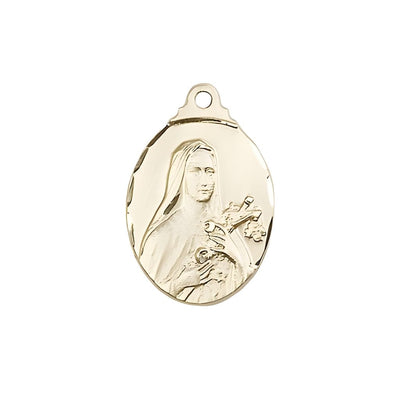 St. Theresa 14kt Gold with Crucifix and Roses Pendant, Medal measures 3/4-inch tall by 1/2-inch wide, Bliss Manufacturing