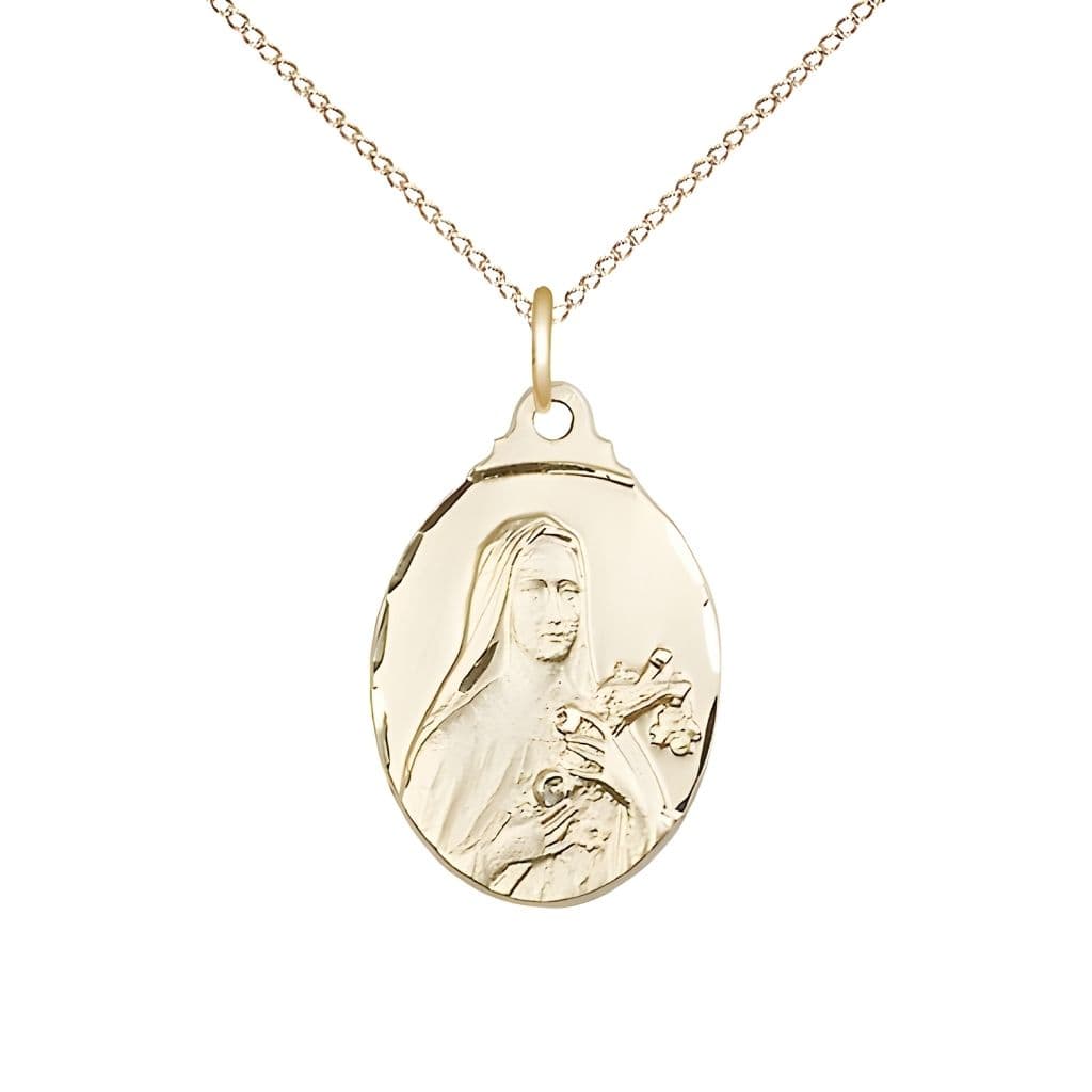 Bliss St. Theresa 14kt Gold with Crucifix and Roses Necklace with 14kt Gold Chain, Medal measures 3/4-inch tall by 1/2-inch wide,