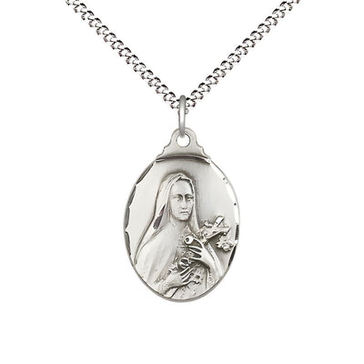St. Theresa Pewter with Crucifix and Roses Necklace with Plated Chain, Medal measures 3/4-inch tall by 1/2-inch wide, Bliss Manufacturing