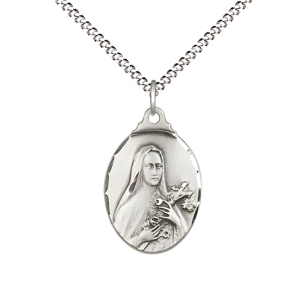 Bliss St. Theresa Sterling Silver with Crucifix and Roses Necklace with Plated Chain, Medal measures 3/4-inch tall by 1/2-inch wide,