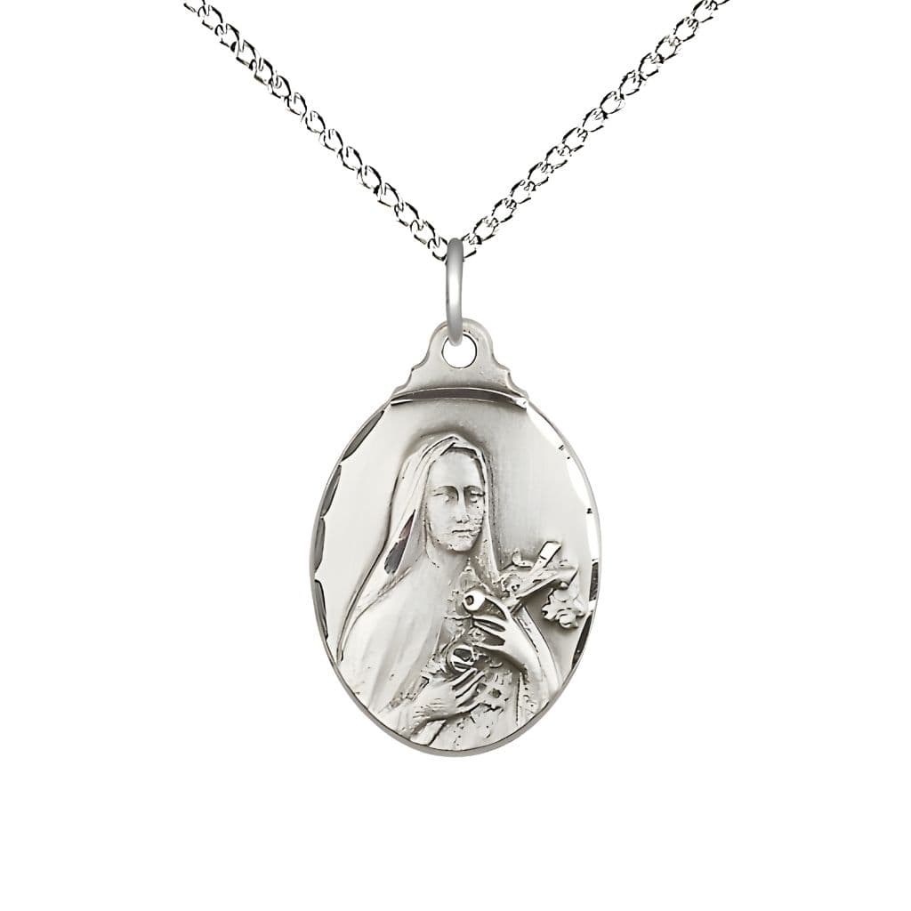 Bliss St. Theresa Sterling Silver with Crucifix and Roses Necklace with Sterling Silver Chain, Medal measures 3/4-inch tall by 1/2-inch wide,